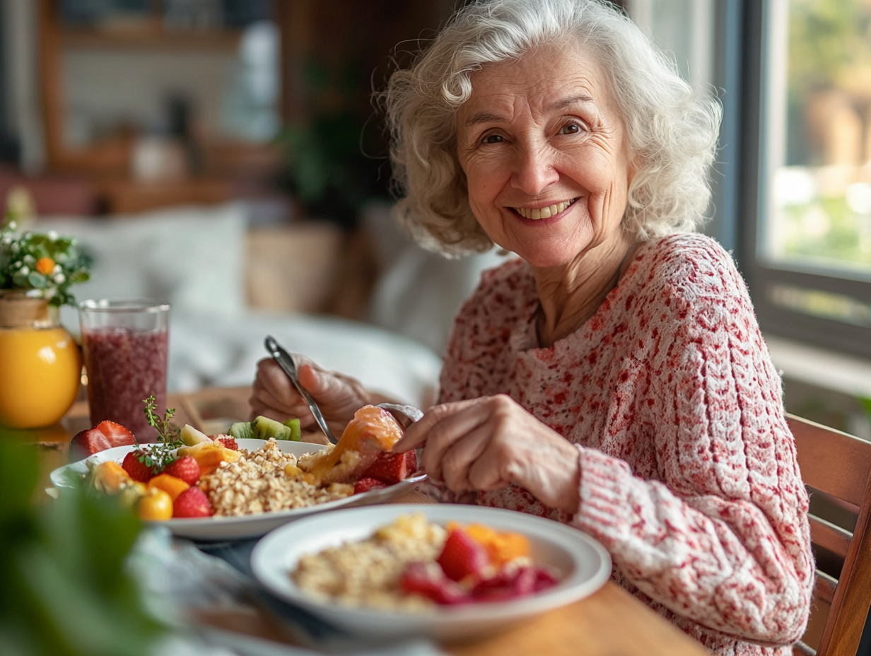 Щаслива жінка зрілого віку готує здорову їжу на кухні