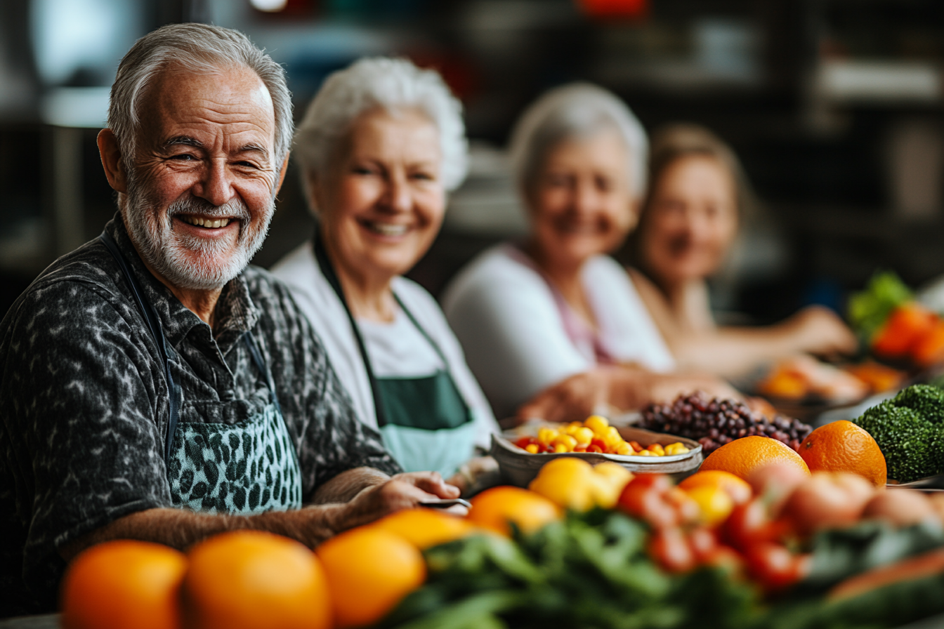 Група людей старшого віку насолоджується здоровою їжею разом